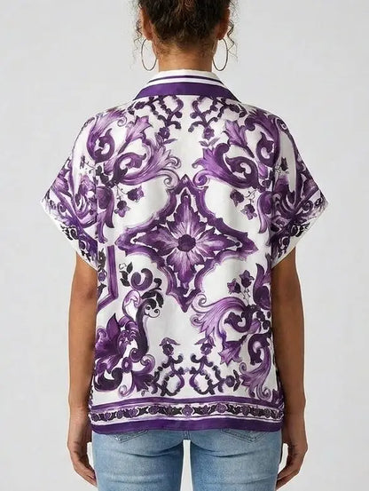 Majolica Scroll Print Cotton Short Sleeve Shirt - Tops