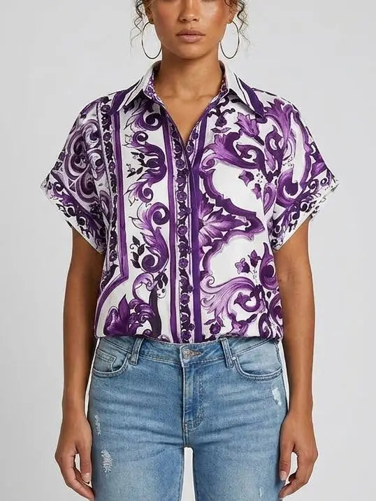 Majolica Scroll Print Cotton Short Sleeve Shirt - Tops
