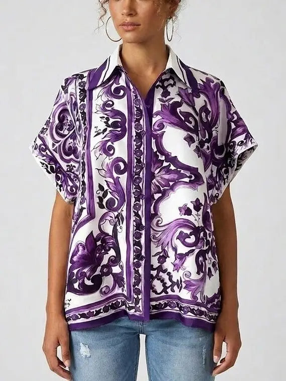 Majolica Scroll Print Cotton Short Sleeve Shirt - Tops