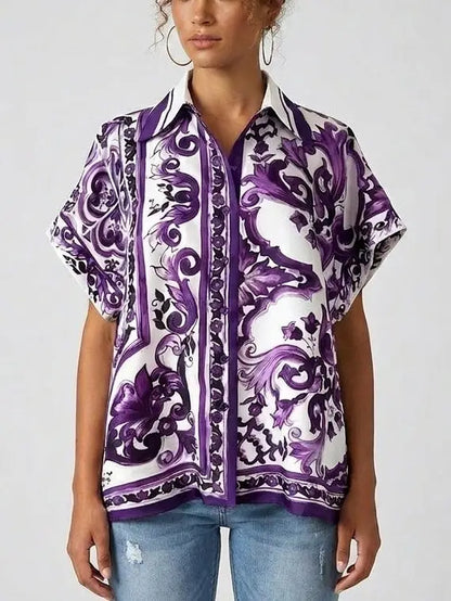 Majolica Scroll Print Cotton Short Sleeve Shirt - Tops