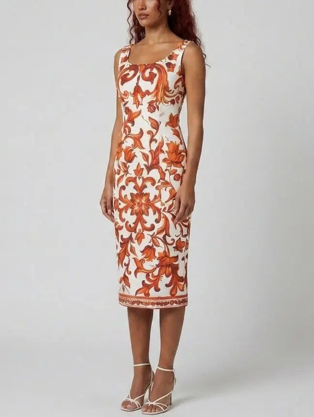 Majolica Scroll Print Silk Sheath Dress - Dresses