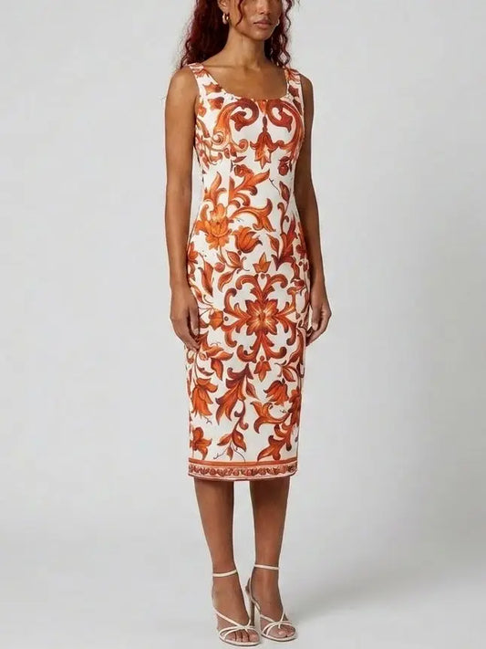 Majolica Scroll Print Silk Sheath Dress - Dresses