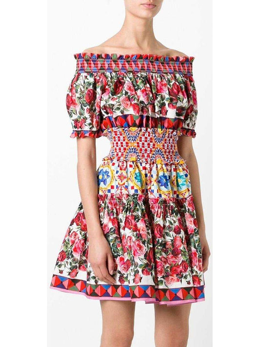 Mambo Print Peasant Off-Shoulder Mini Dress - Branna Couture