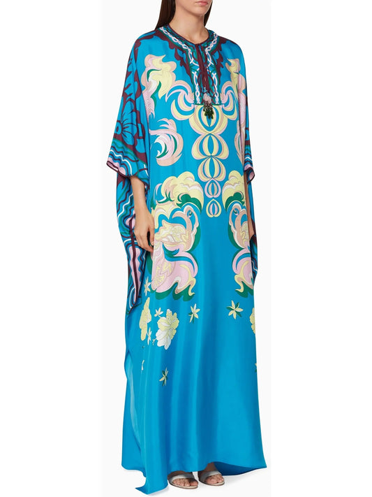 Manu Print Beaded Tassel Silk Kaftan - Branna Couture