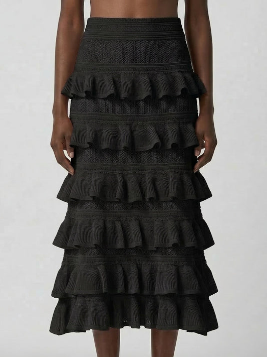 Mesh Knit Tiered Ruffle Midi Skirt - Skirts