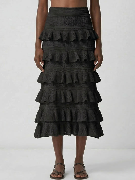 Mesh Knit Tiered Ruffle Midi Skirt - Small / Black - Skirts