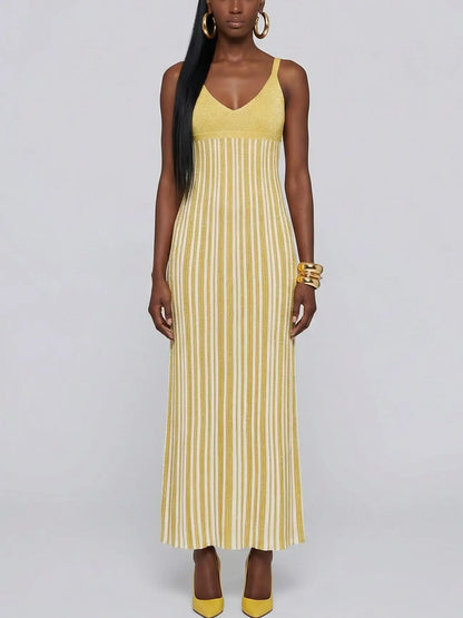 Metallic Knit Striped V-Neck Dress - S - Dresses