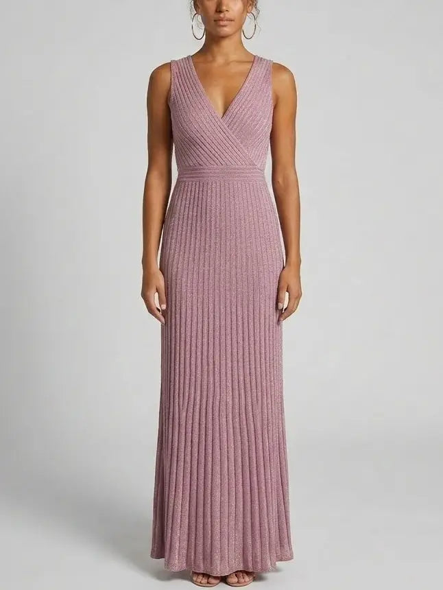 Metallic Knit V-Neck Maxi Dress - S / Pink - Dresses
