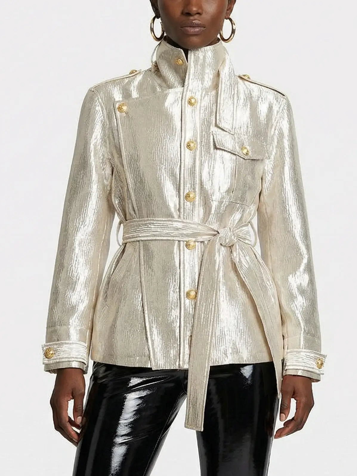 Metallic Pearl Satin Belted Jacket - Small - Jackets