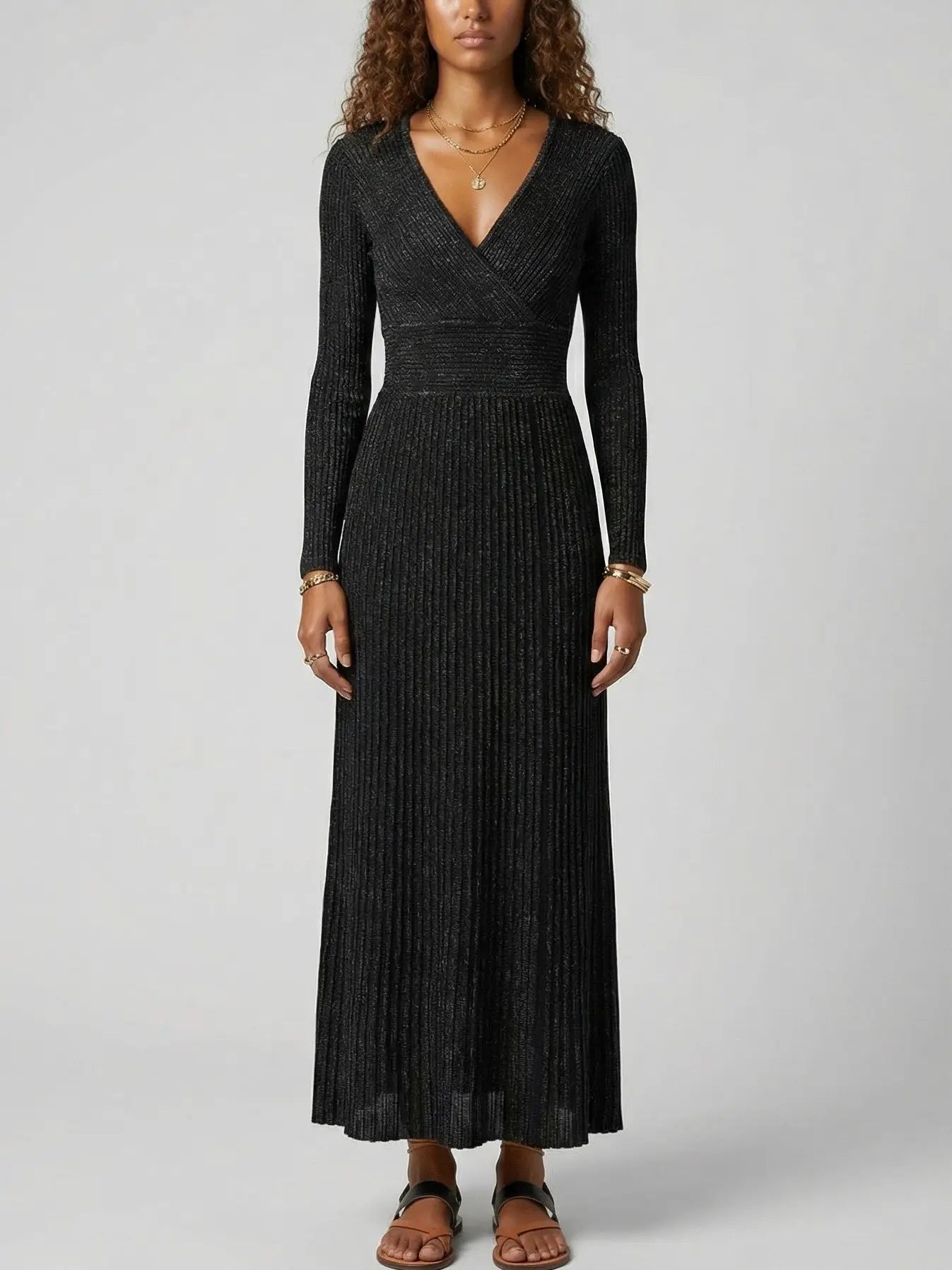 Metallic Ribbed Knit Wrap-Front Maxi Dress - S - Dresses
