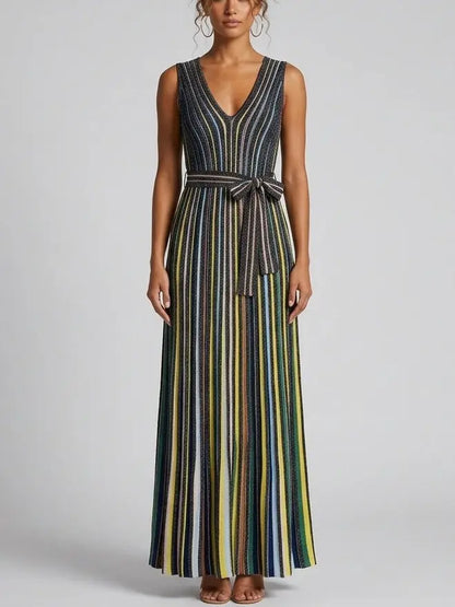 Metallic Stripe Knit Belted Maxi Dress - S - Dresses