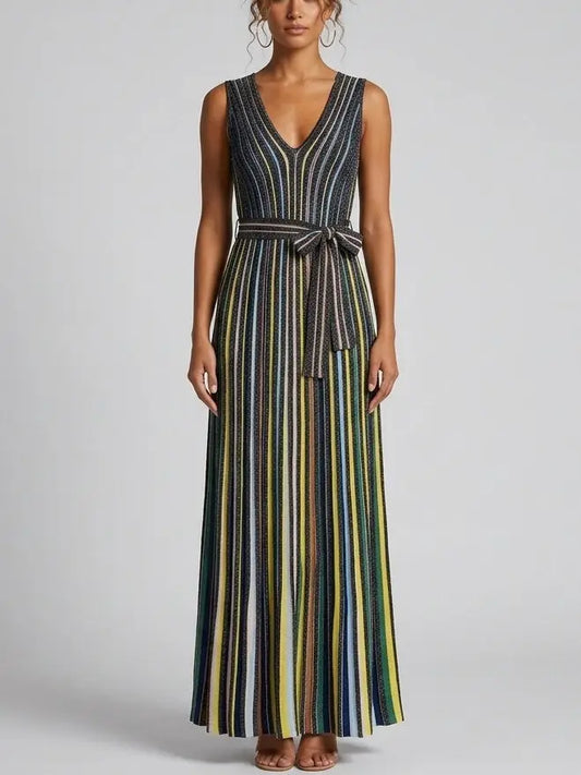 Metallic Stripe Knit Belted Maxi Dress - S - Dresses