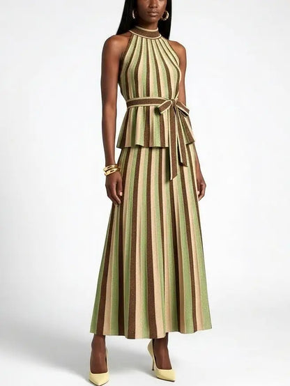 Metallic Striped Knit Halter Top and Skirt Set - S - Suits & Sets
