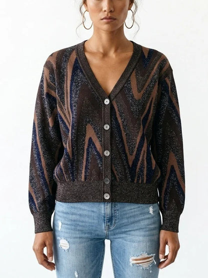 Metallic Zig Zag Stripe V-Neck Cardigan Sweater - S - Sweaters & Knitwear