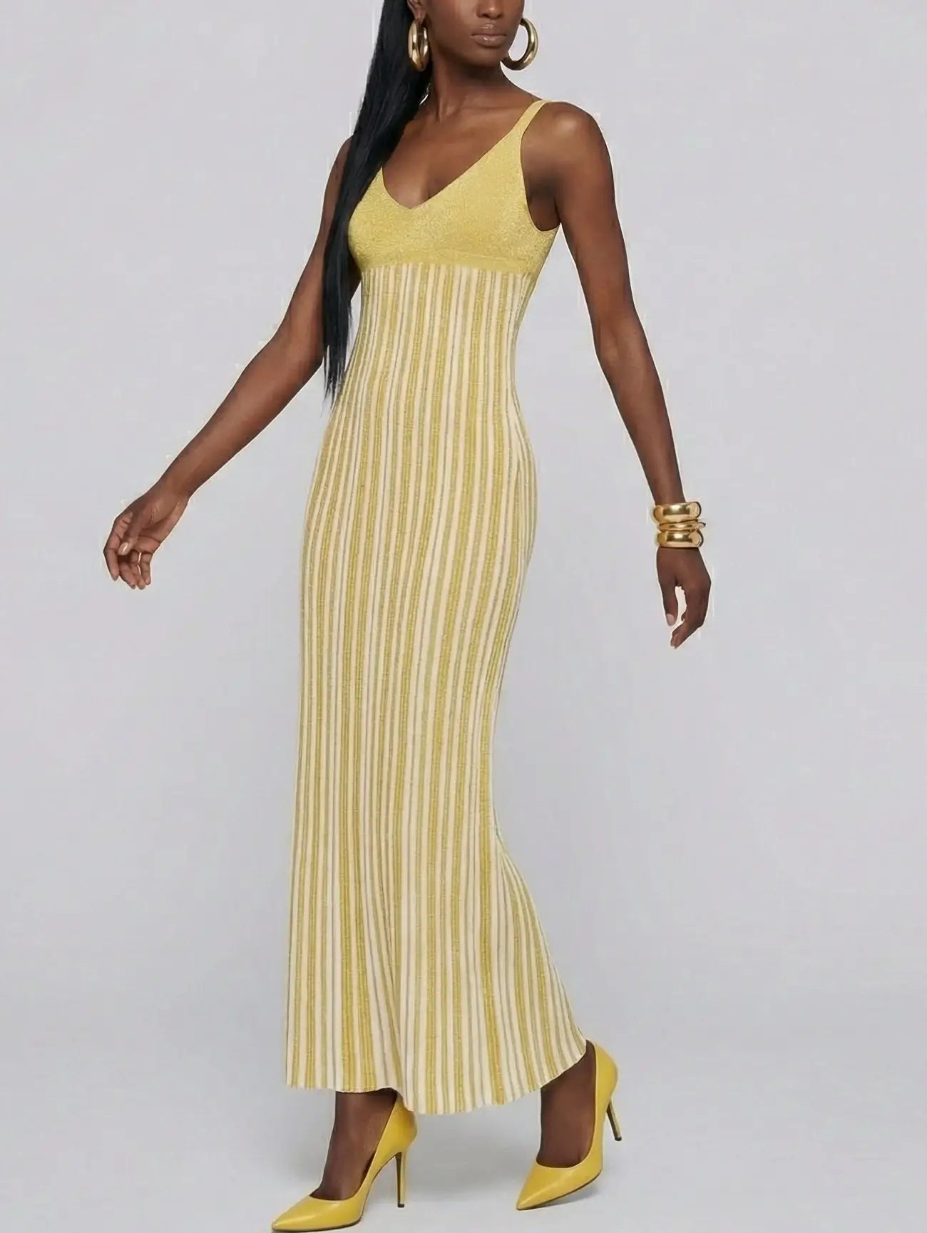 Metallic Knit Striped V-Neck Dress - Dresses