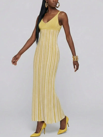 Metallic Knit Striped V-Neck Dress - Dresses