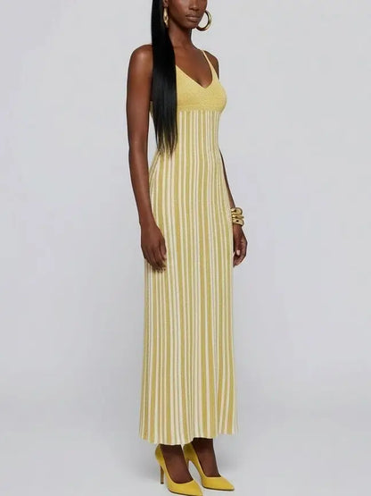 Metallic Knit Striped V-Neck Dress - Dresses
