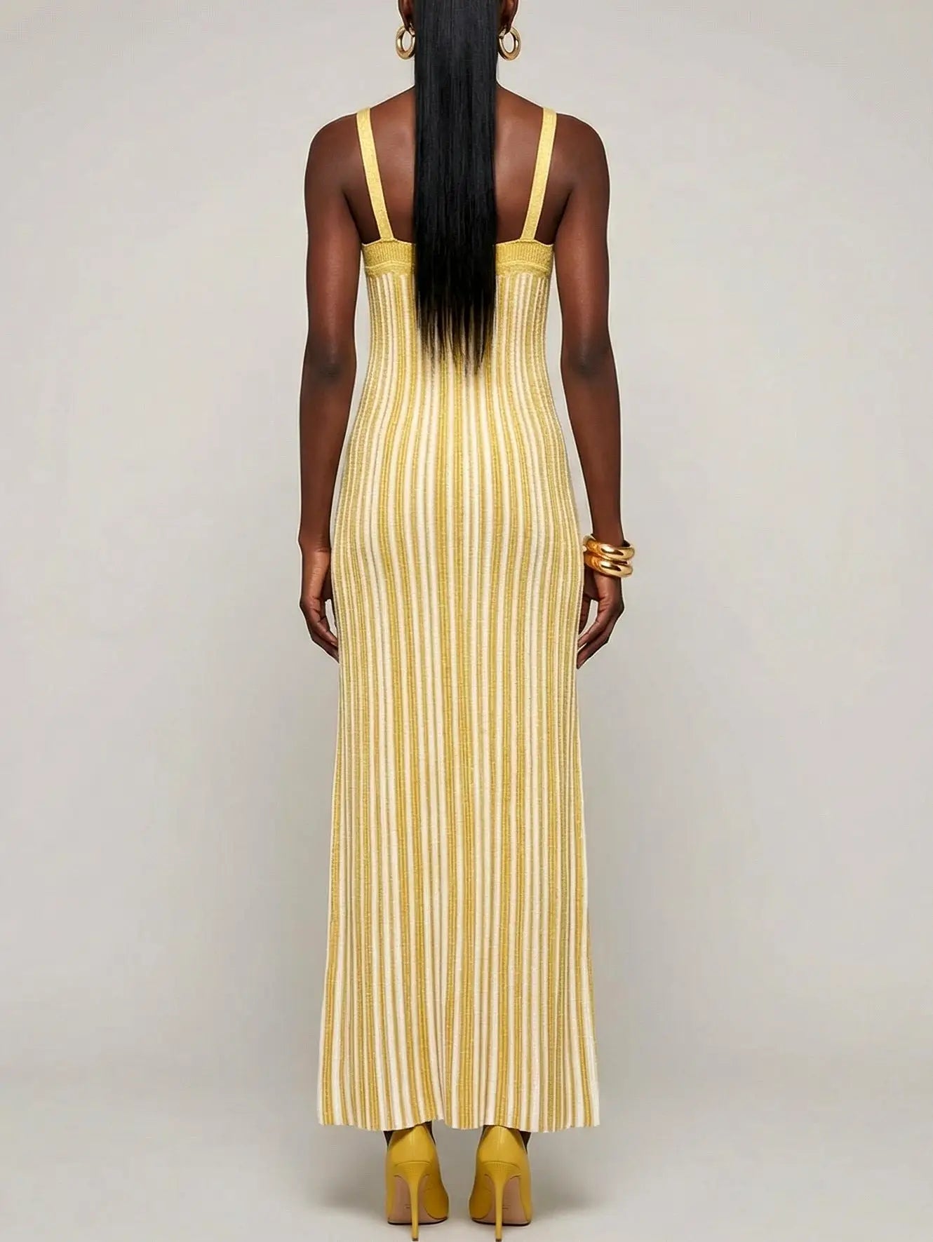 Metallic Knit Striped V-Neck Dress - Dresses