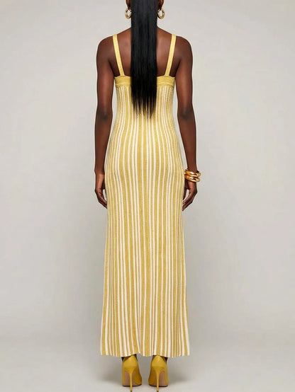 Metallic Knit Striped V-Neck Dress - Dresses