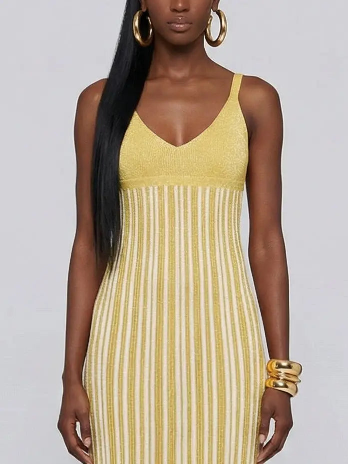 Metallic Knit Striped V-Neck Dress - Dresses