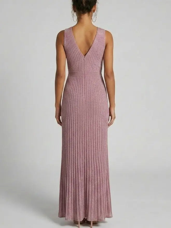 Metallic Knit V-Neck Maxi Dress - Dresses
