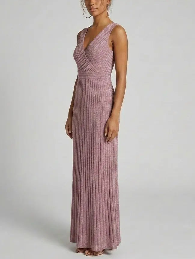 Metallic Knit V-Neck Maxi Dress - Dresses