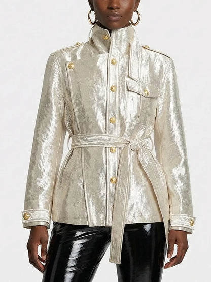 Metallic Pearl Satin Belted Jacket - Jackets
