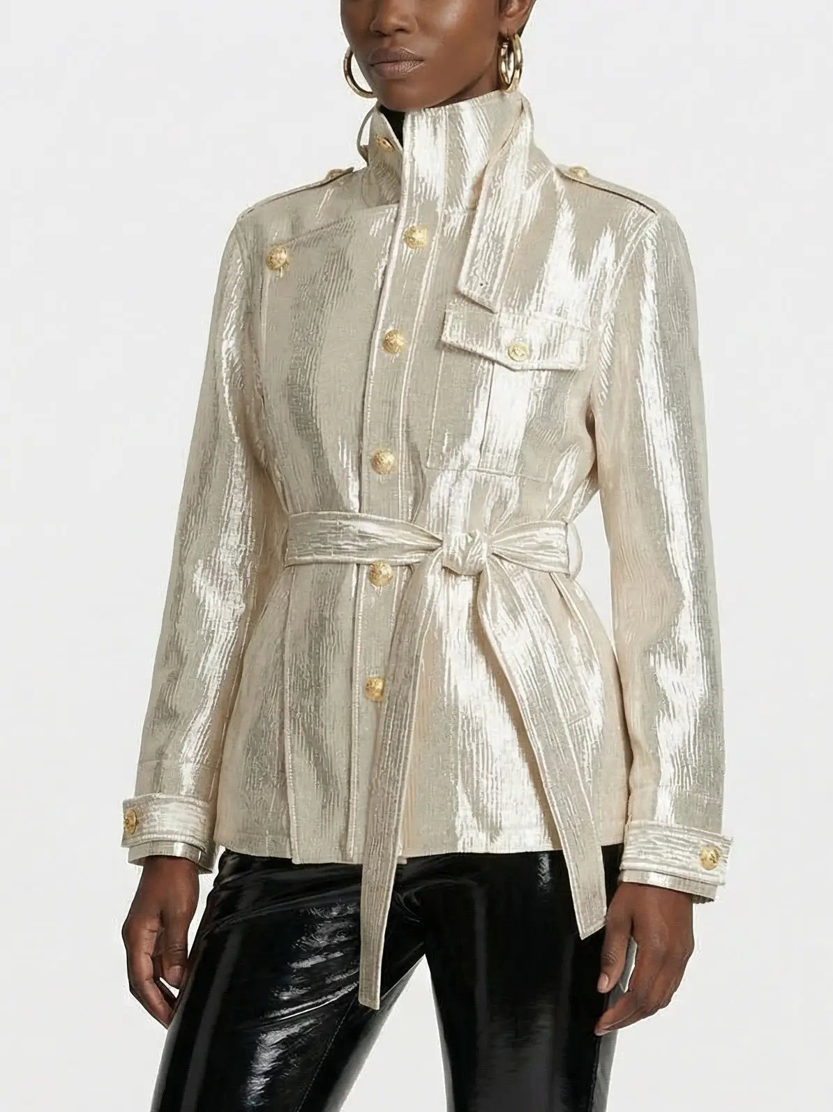 Metallic Pearl Satin Belted Jacket - Jackets
