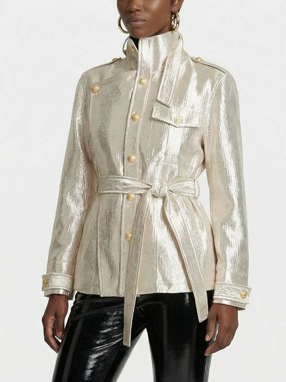 Metallic Pearl Satin Belted Jacket - Jackets