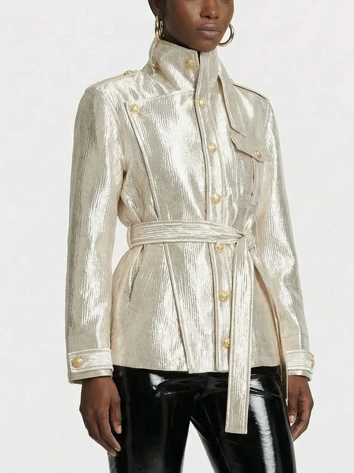 Metallic Pearl Satin Belted Jacket - Jackets
