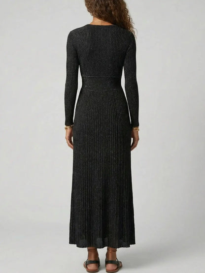 Metallic Ribbed Knit Wrap-Front Maxi Dress - Dresses