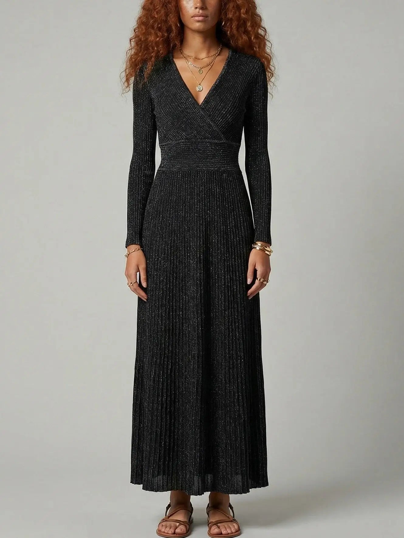 Metallic Ribbed Knit Wrap-Front Maxi Dress - Dresses