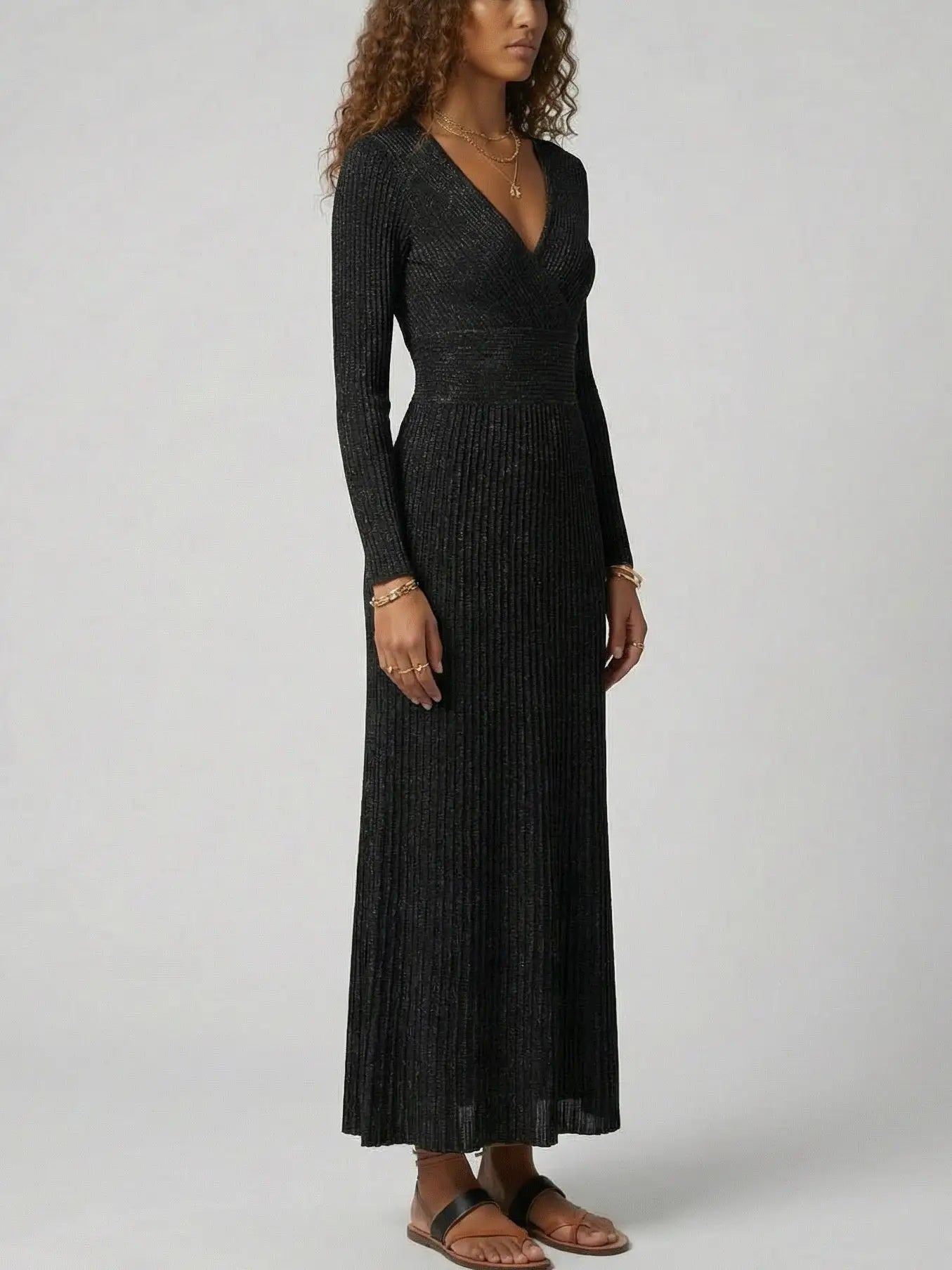 Metallic Ribbed Knit Wrap-Front Maxi Dress - Dresses