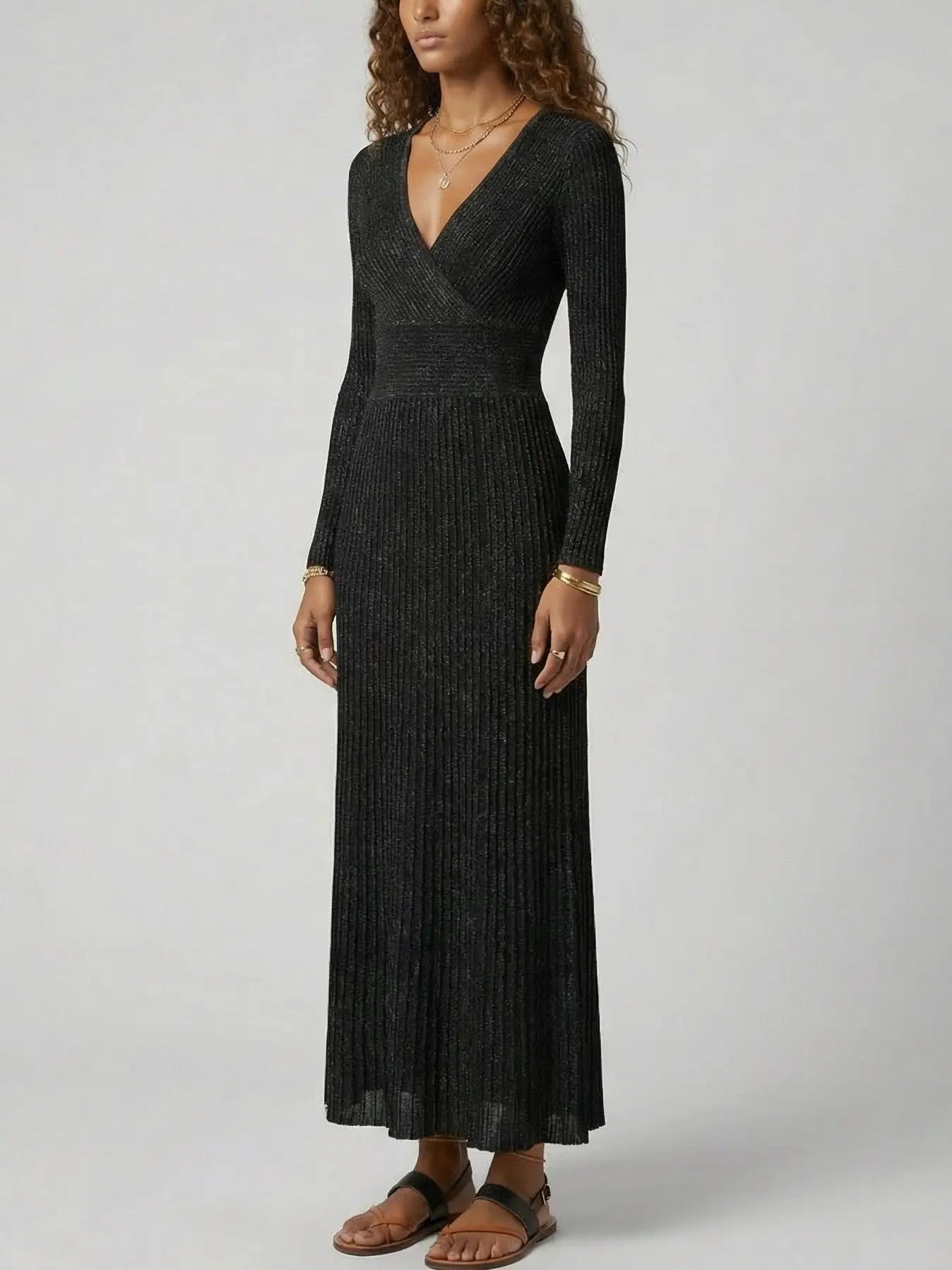 Metallic Ribbed Knit Wrap-Front Maxi Dress - Dresses