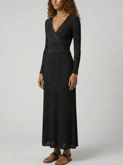 Metallic Ribbed Knit Wrap-Front Maxi Dress - Dresses