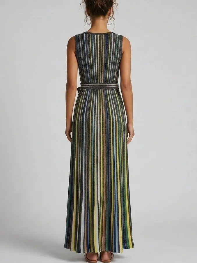 Metallic Stripe Knit Belted Maxi Dress - Dresses