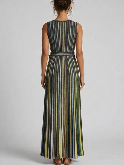 Metallic Stripe Knit Belted Maxi Dress - Dresses
