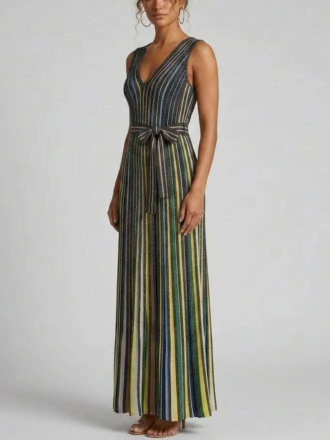 Metallic Stripe Knit Belted Maxi Dress - Dresses