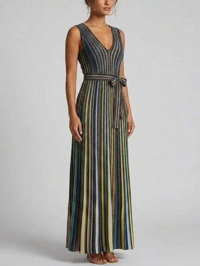 Metallic Stripe Knit Belted Maxi Dress - Dresses