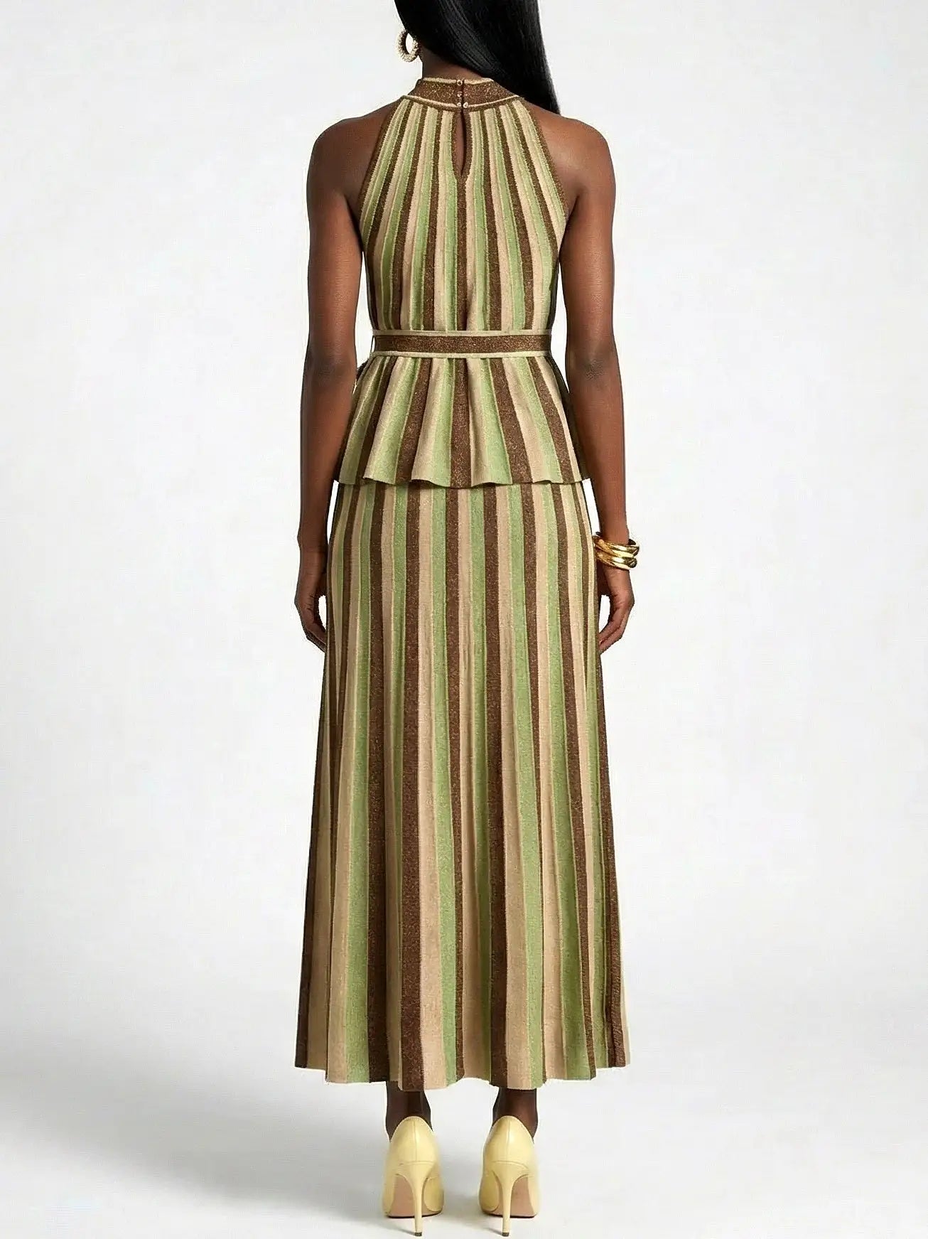 Metallic Striped Knit Halter Top and Skirt Set - Suits & Sets