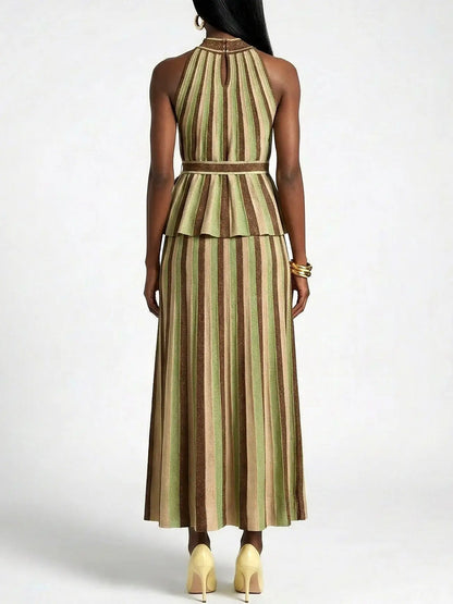 Metallic Striped Knit Halter Top and Skirt Set - Suits & Sets