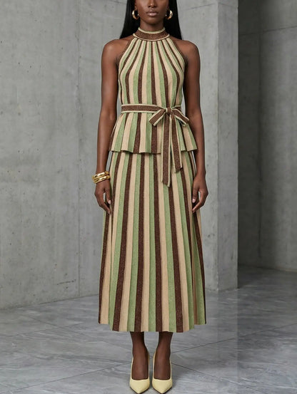 Metallic Striped Knit Halter Top and Skirt Set - Suits & Sets