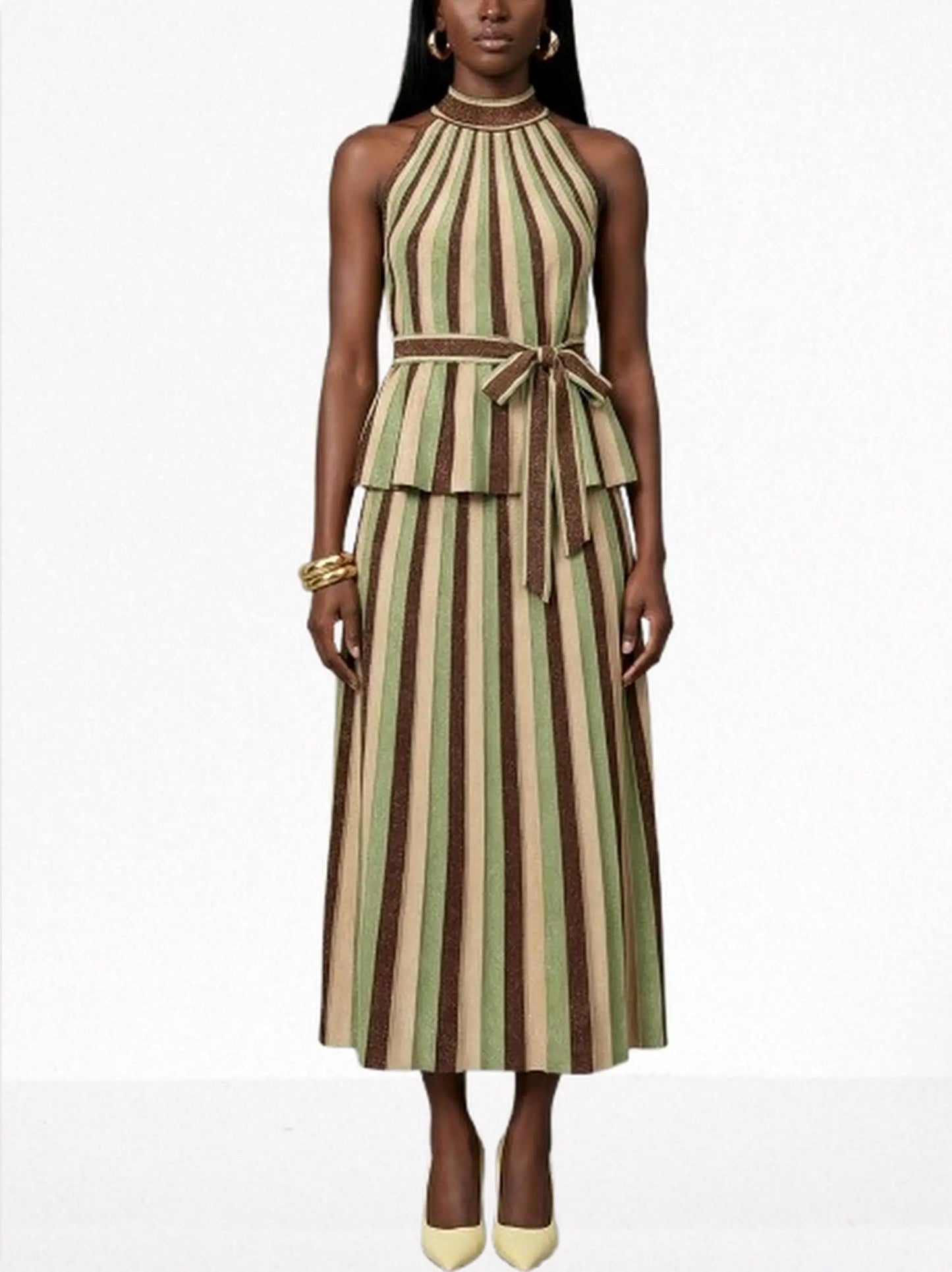 Metallic Striped Knit Halter Top and Skirt Set - Suits & Sets