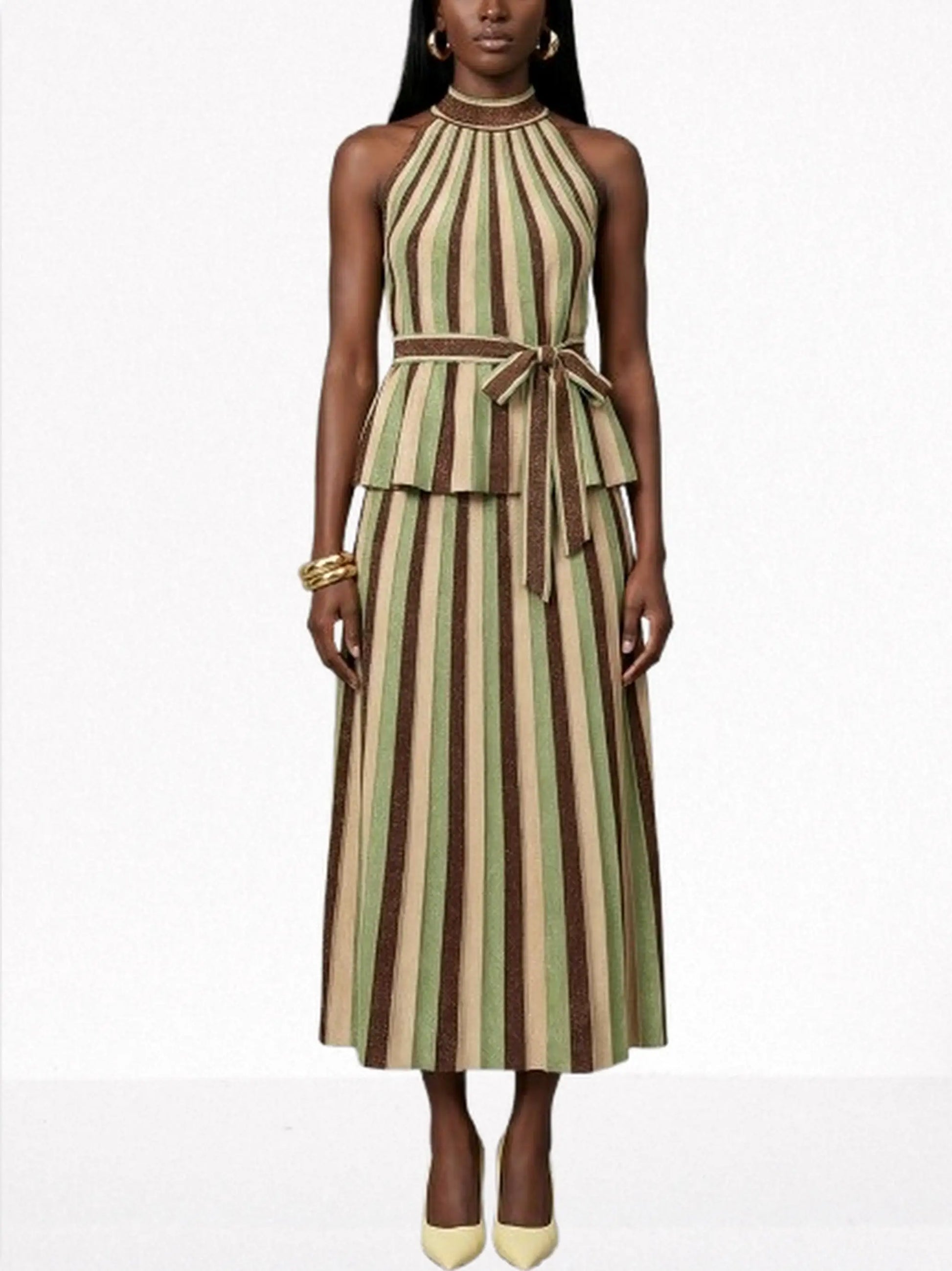 Metallic Striped Knit Halter Top and Skirt Set - Suits & Sets