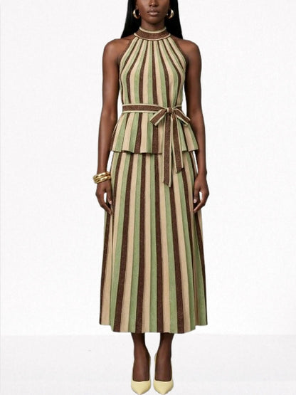 Metallic Striped Knit Halter Top and Skirt Set - Suits & Sets