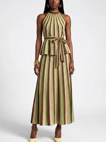 Metallic Striped Knit Halter Top and Skirt Set - Suits & Sets
