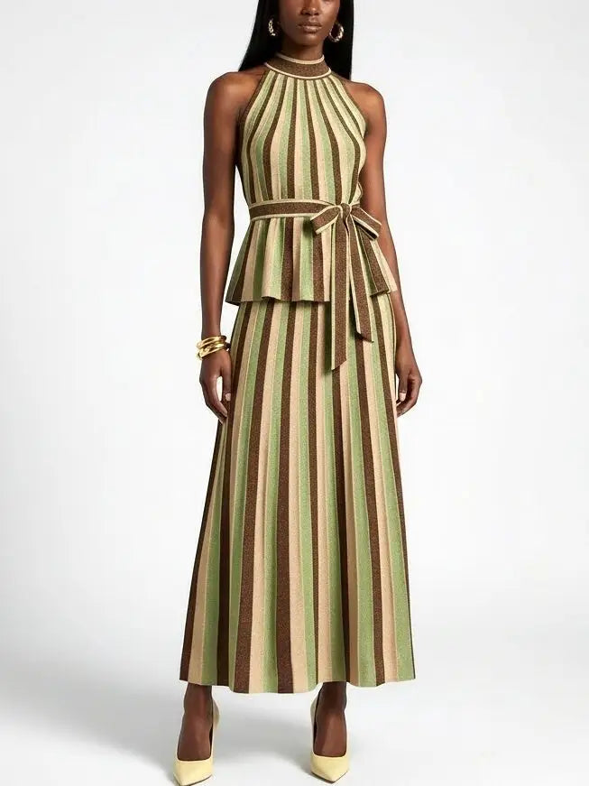Metallic Striped Knit Halter Top and Skirt Set - Suits & Sets
