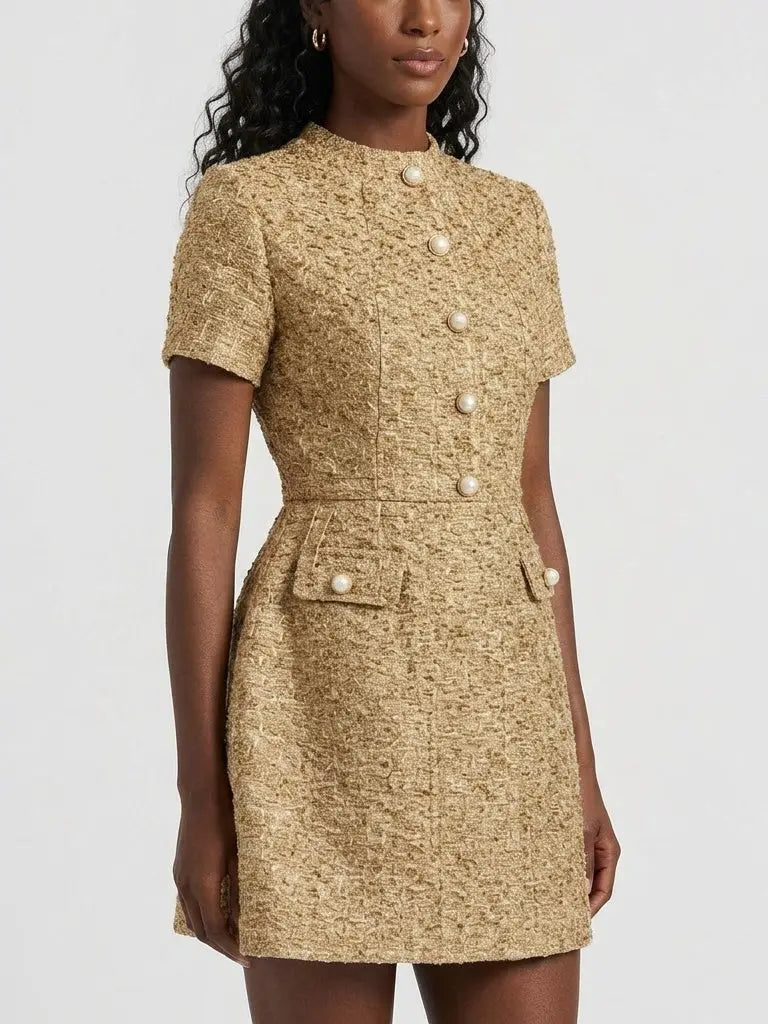 metallic tweed mini dress Metallic Woven Gold Tweed Mini Dress