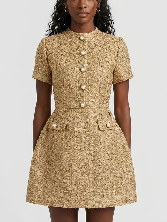 Metallic Woven Gold Tweed Mini Dress
