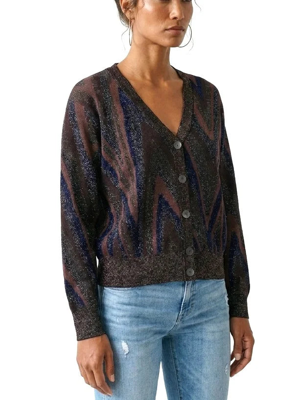Metallic Zig Zag Stripe V-Neck Cardigan Sweater - Sweaters & Knitwear